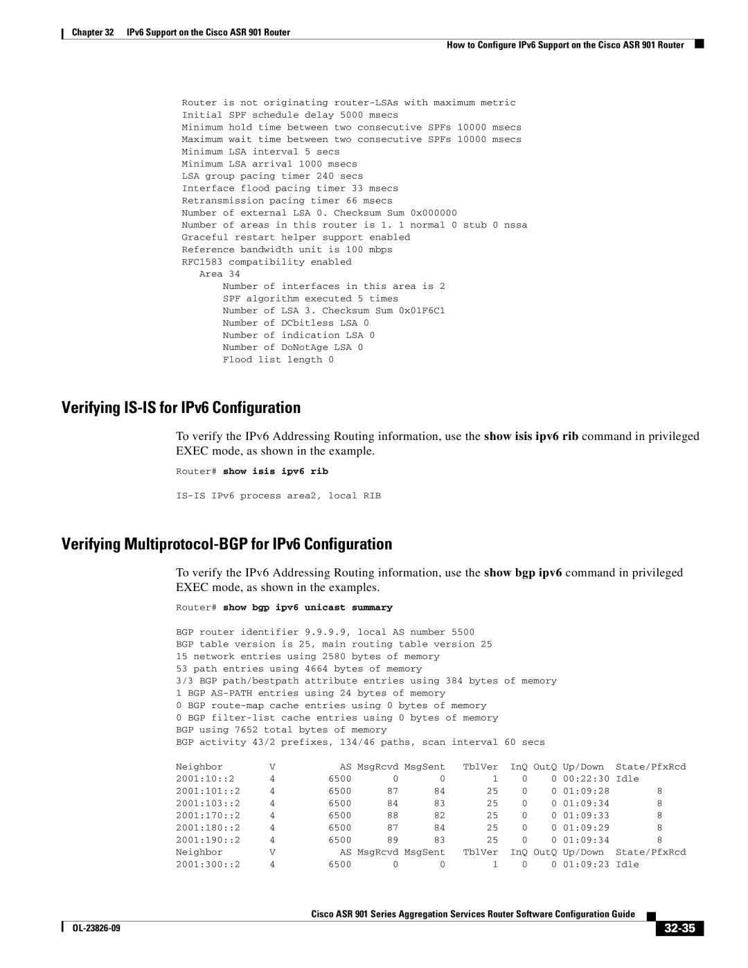 Cisco Systems A9014CFD Verifying IS-IS for IPv6 Configuration, Verifying Multiprotocol-BGP for IPv6 Configuration, 32-35 