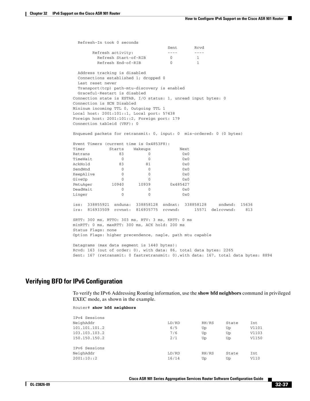 Cisco Systems A9014CFD manual Verifying BFD for IPv6 Configuration, 32-37, Router# show bfd neighbors 