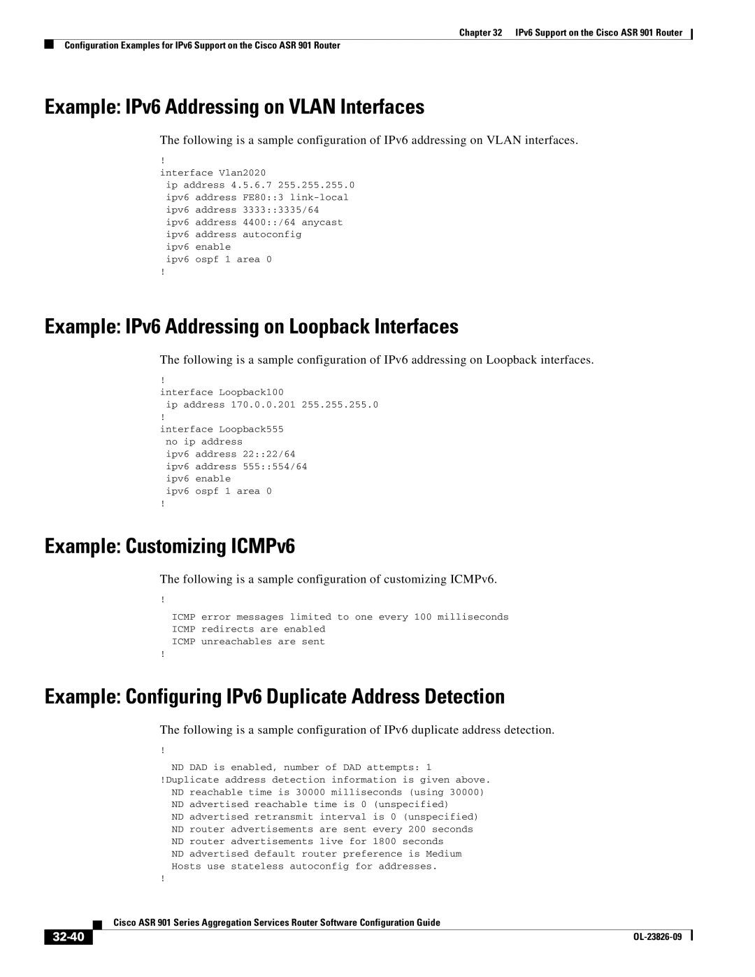 Cisco Systems A9014CFD Example IPv6 Addressing on Vlan Interfaces, Example IPv6 Addressing on Loopback Interfaces, 32-40 