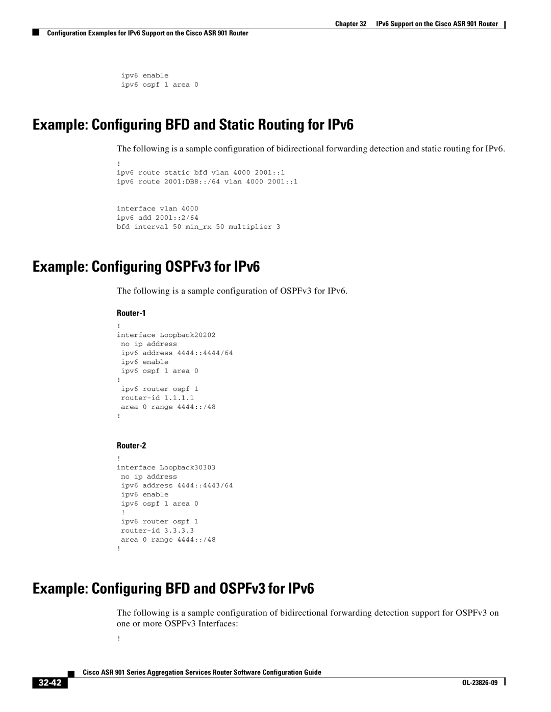 Cisco Systems A9014CFD Example Configuring BFD and Static Routing for IPv6, Example Configuring OSPFv3 for IPv6, 32-42 