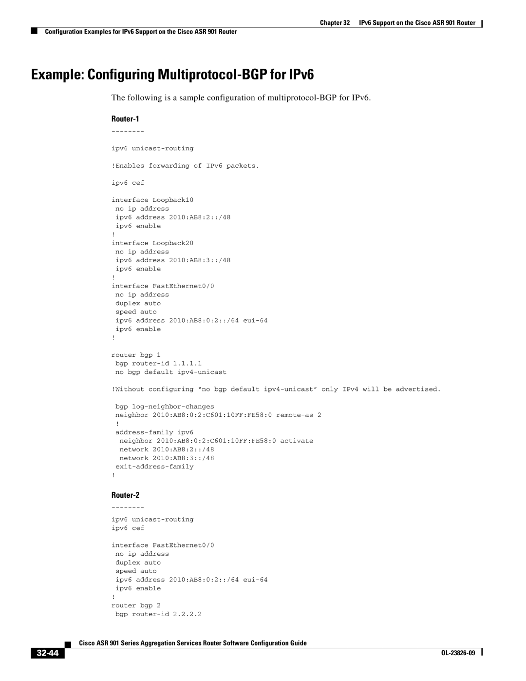 Cisco Systems A9014CFD manual Example Configuring Multiprotocol-BGP for IPv6, 32-44 