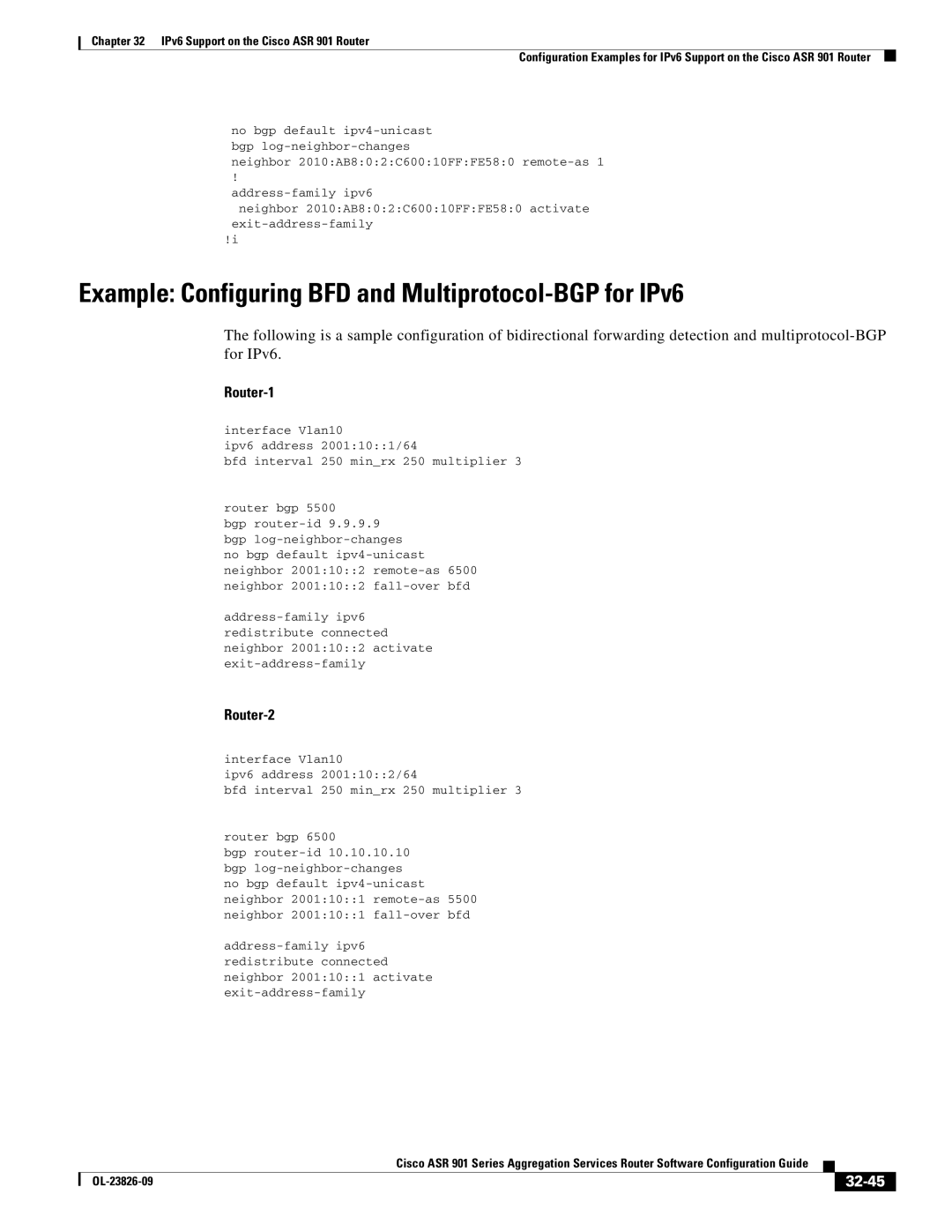 Cisco Systems A9014CFD manual Example Configuring BFD and Multiprotocol-BGP for IPv6, 32-45 