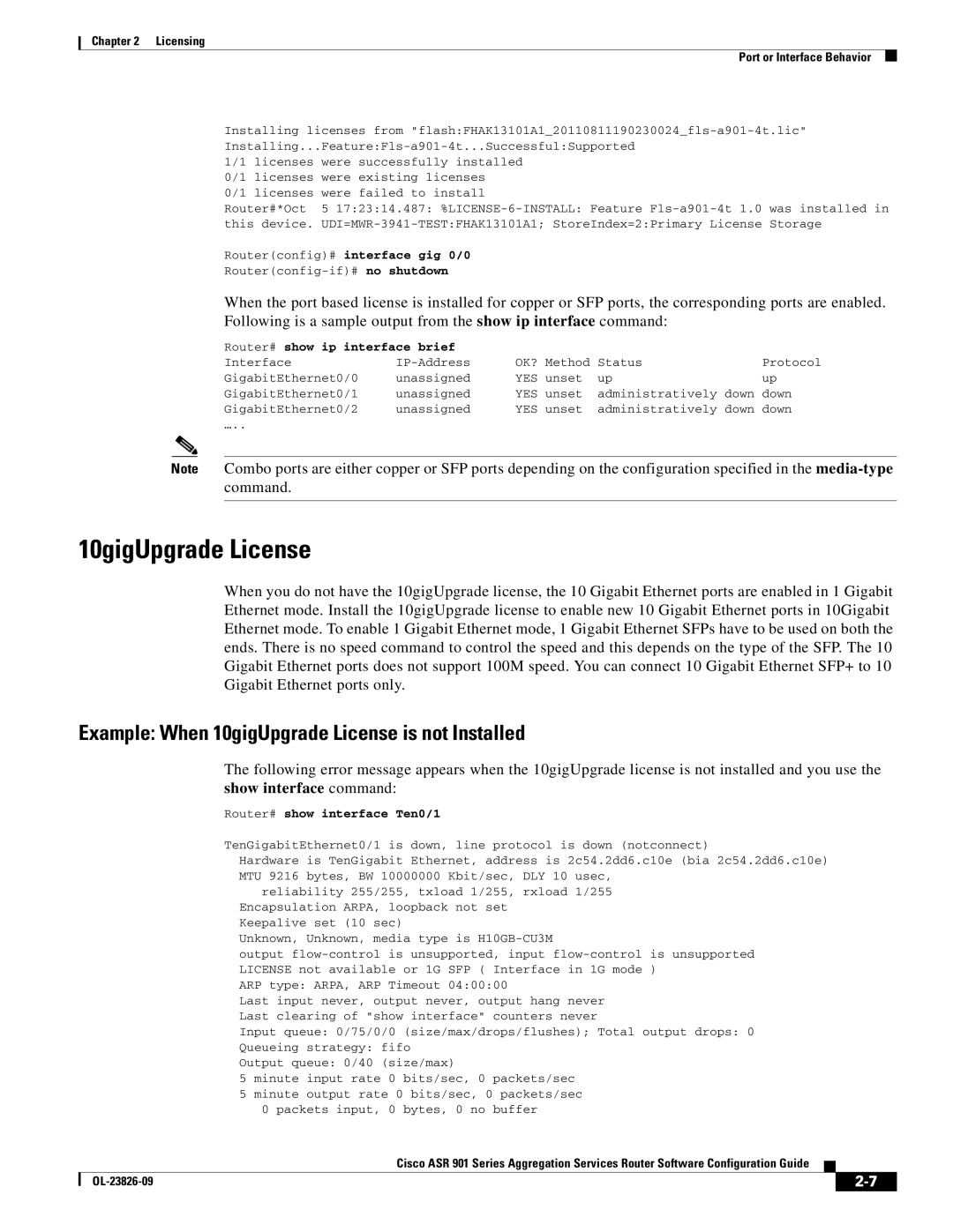 Cisco Systems A9014CFD manual Example When 10gigUpgrade License is not Installed, Routerconfig# interface gig 0/0 