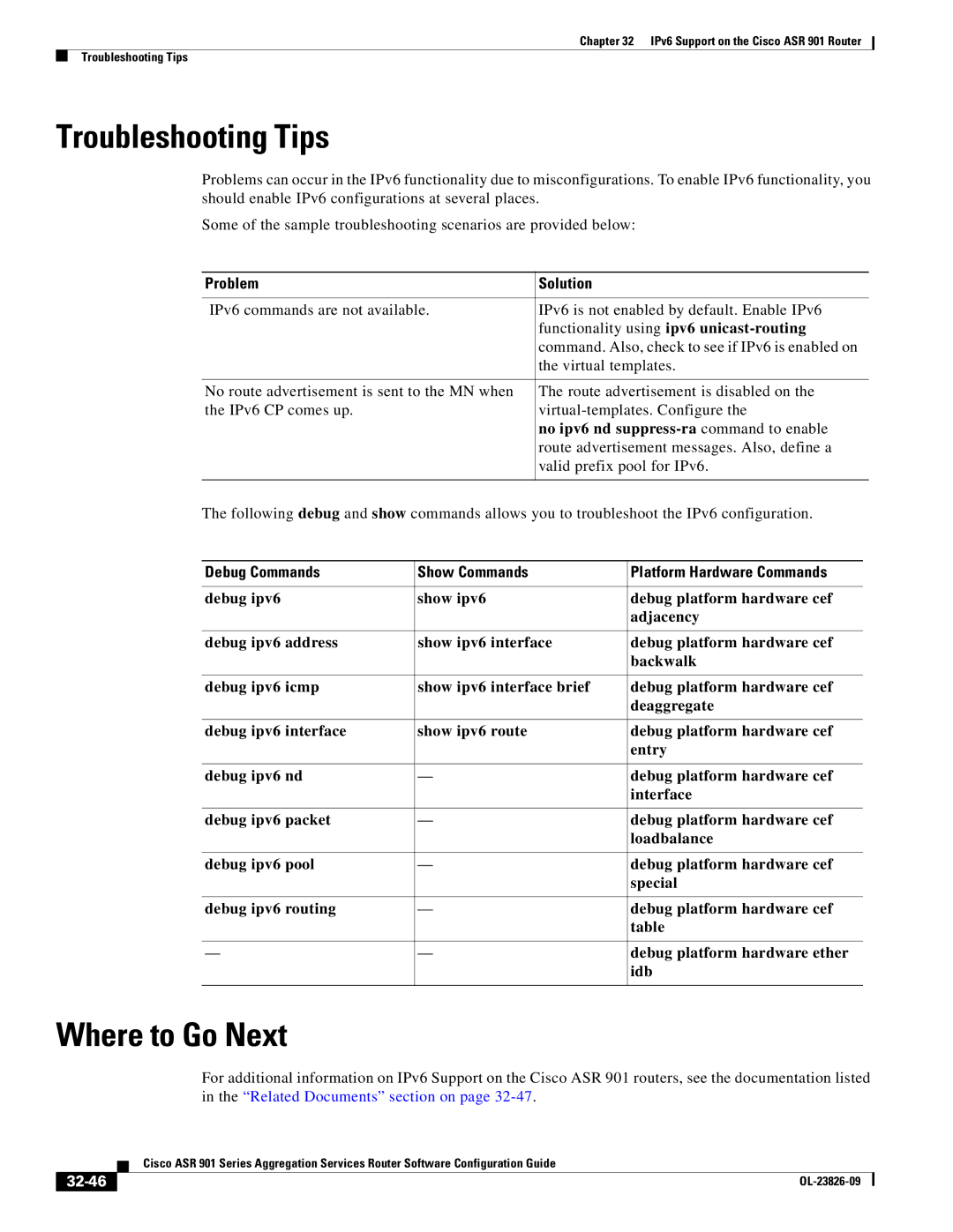 Cisco Systems A9014CFD manual No ipv6 nd suppress-ra command to enable, Route advertisement messages. Also, define a, 32-46 