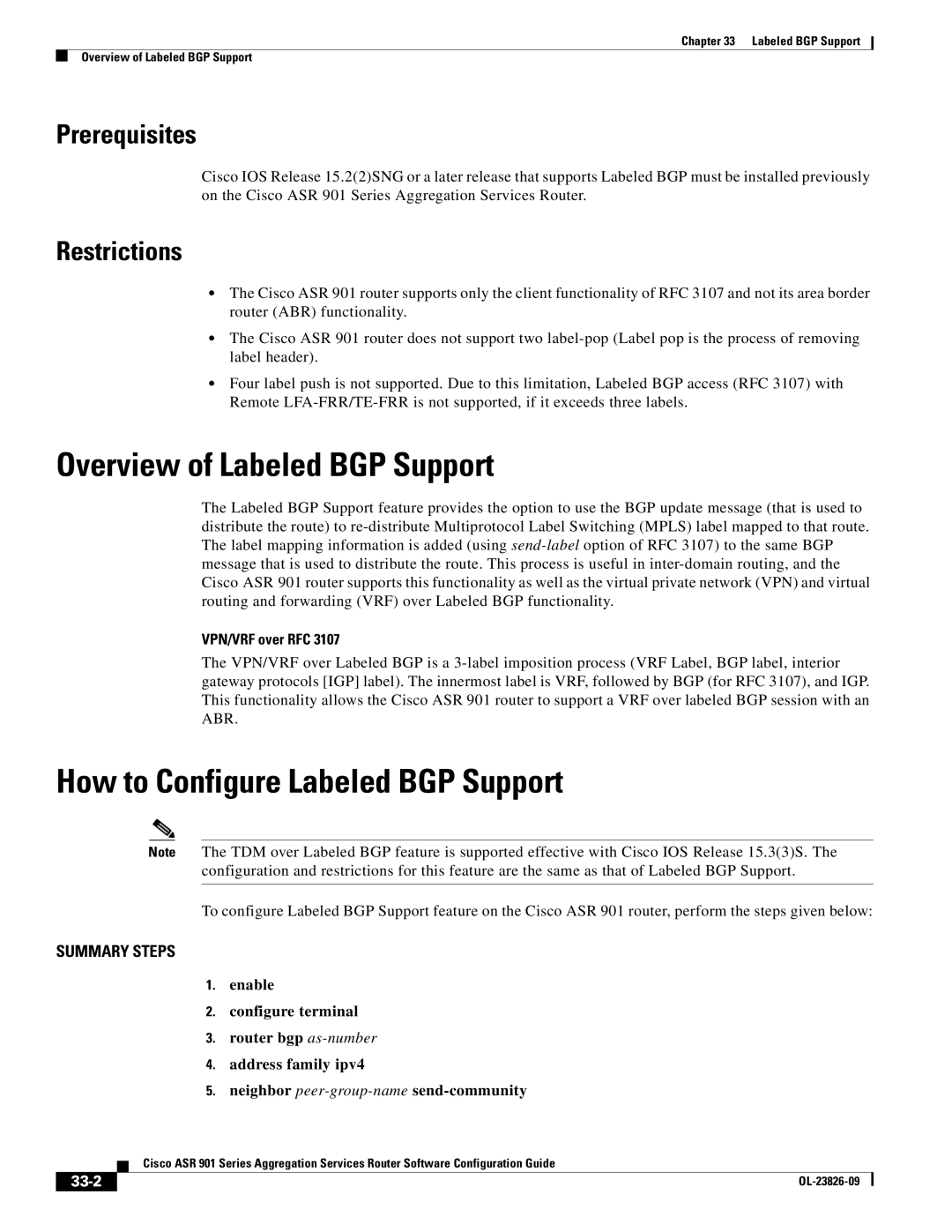 Cisco Systems A9014CFD manual Overview of Labeled BGP Support, How to Configure Labeled BGP Support, VPN/VRF over RFC, 33-2 