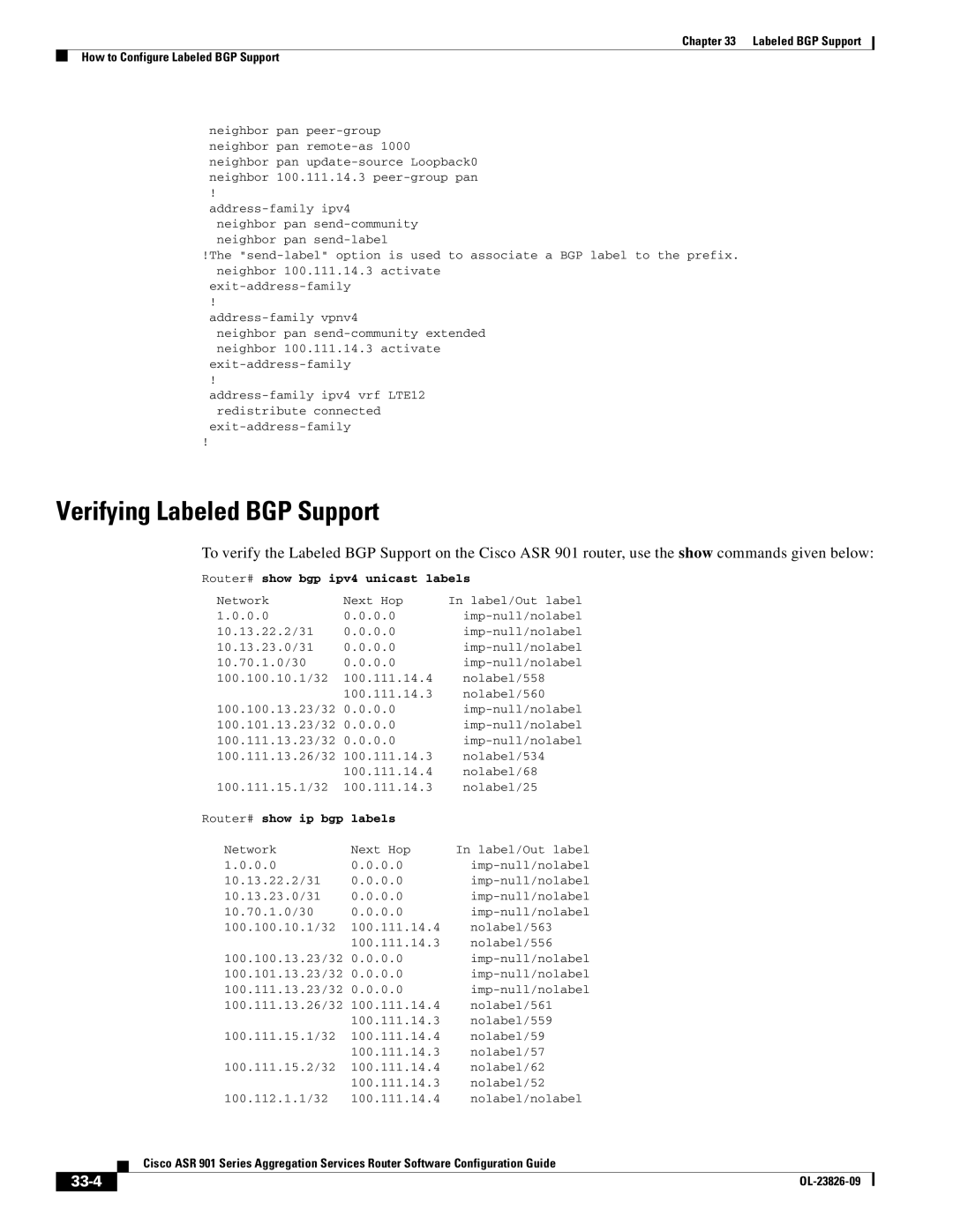 Cisco Systems A9014CFD manual Verifying Labeled BGP Support, 33-4, Router# show bgp ipv4 unicast labels, Labels 