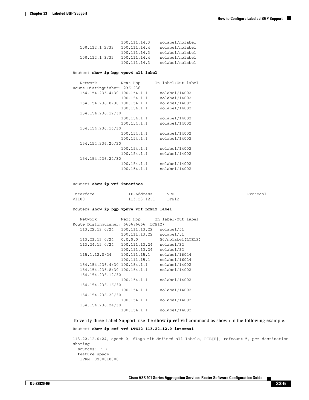 Cisco Systems A9014CFD 33-5, Vpnv4 all label, Vpnv4 vrf LTE12 label, Router# show ip cef vrf LTE12 113.22.12.0 internal 