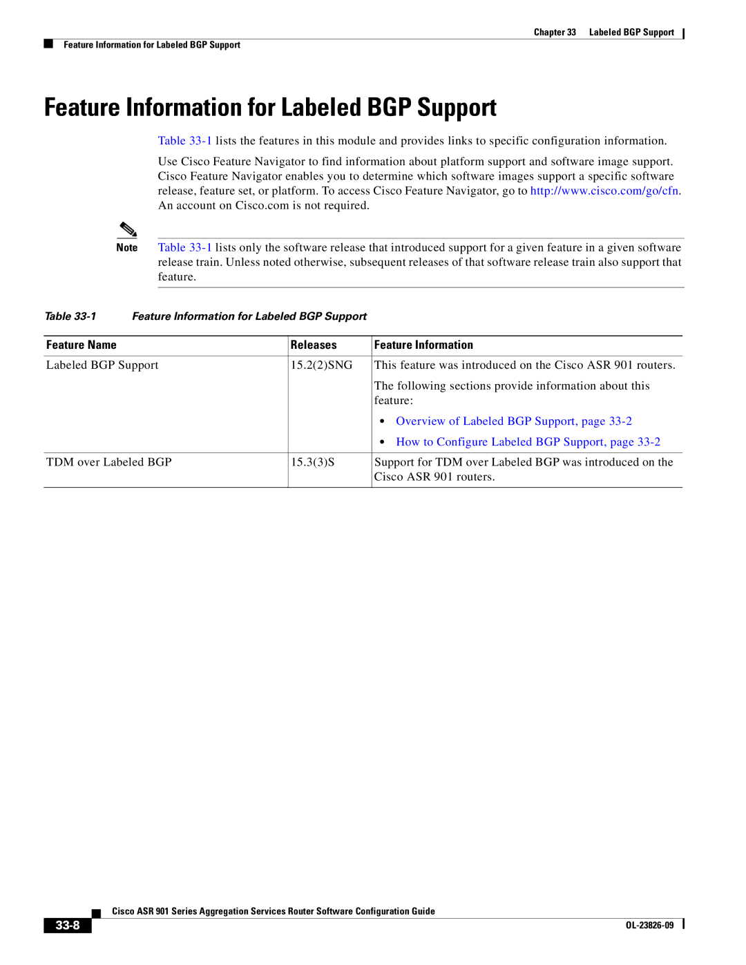 Cisco Systems A9014CFD manual Feature Information for Labeled BGP Support, 33-8 