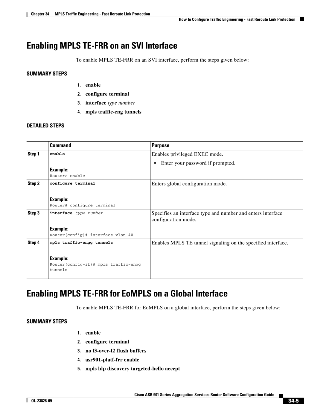 Cisco Systems A9014CFD Enabling Mpls TE-FRR on an SVI Interface, Enabling Mpls TE-FRR for EoMPLS on a Global Interface 