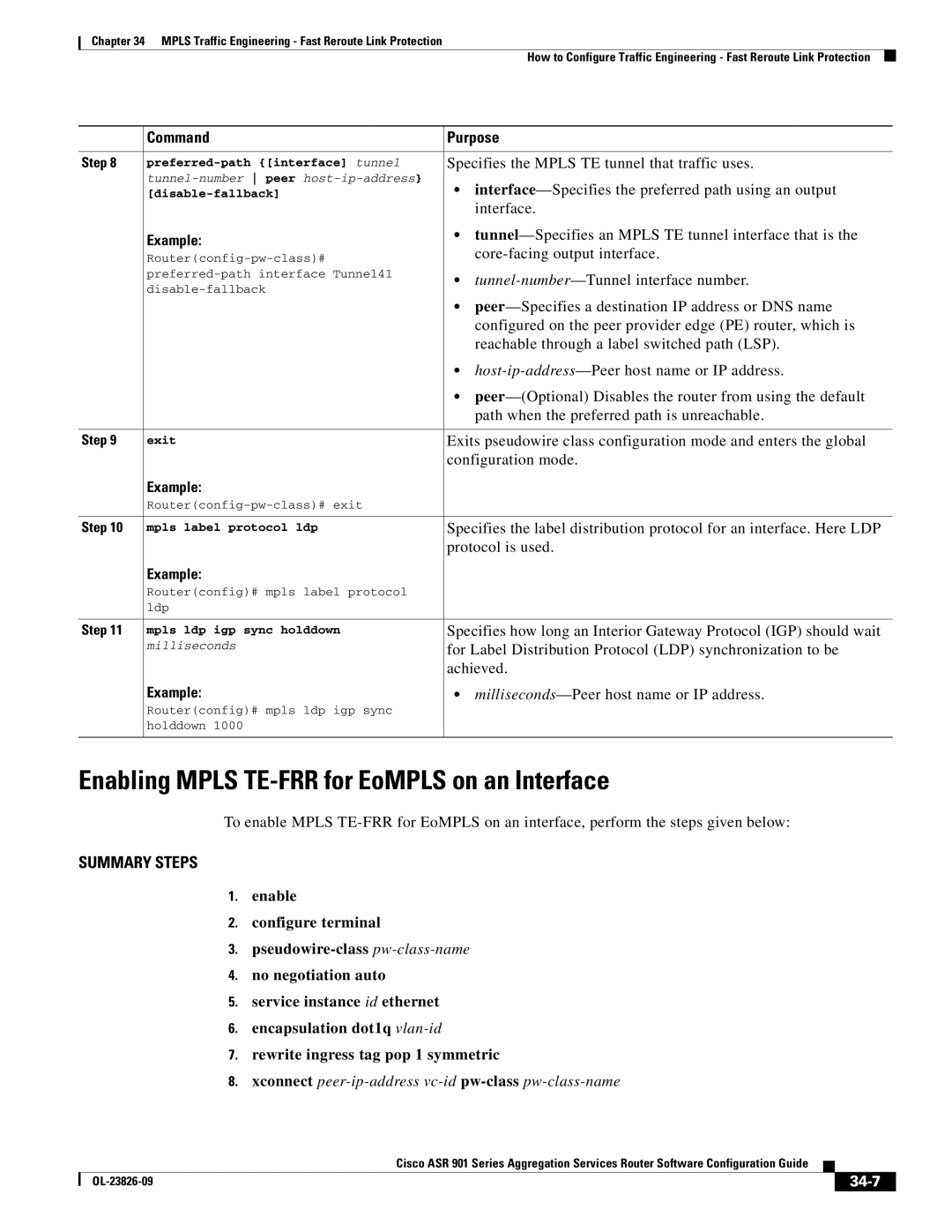 Cisco Systems A9014CFD manual Enabling Mpls TE-FRR for EoMPLS on an Interface, 34-7 