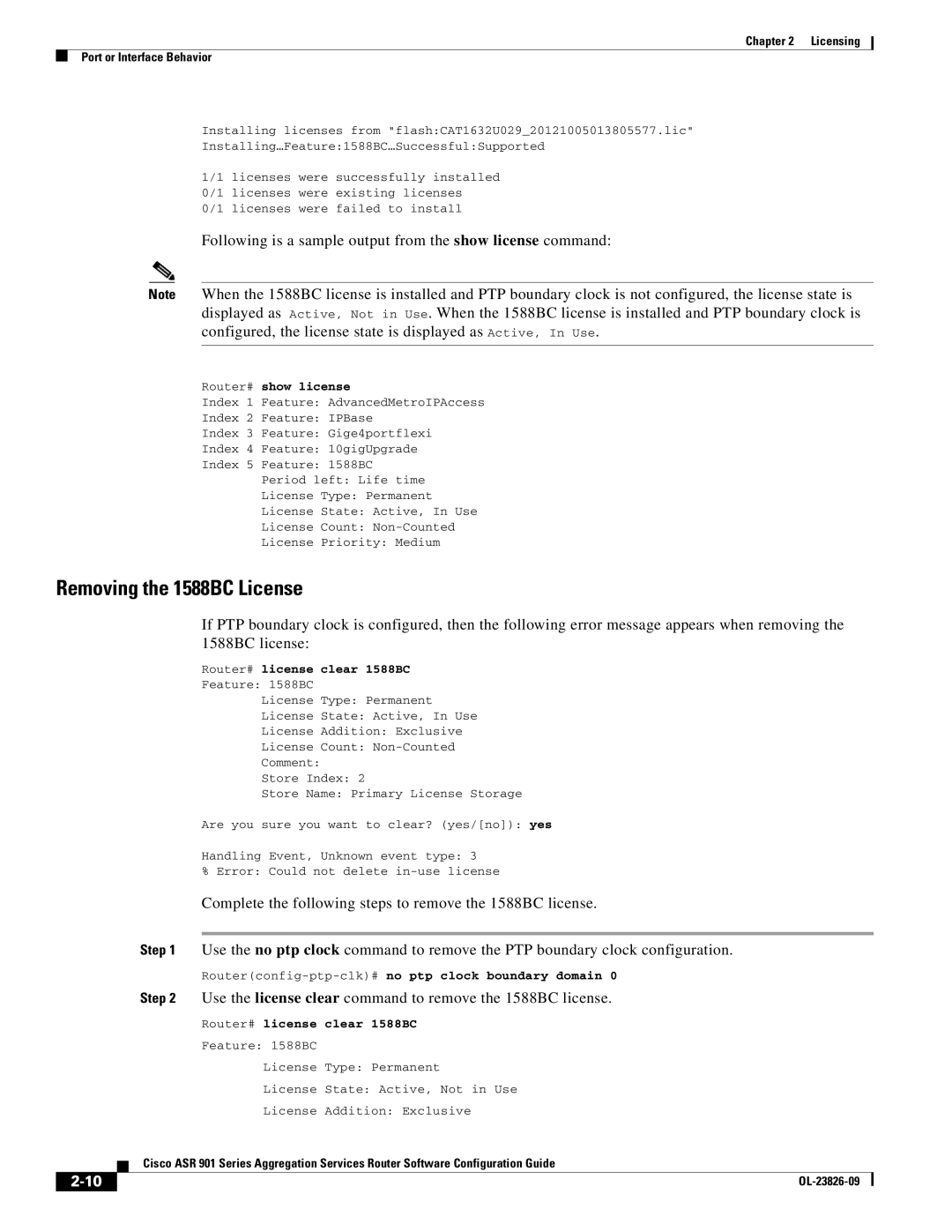 Cisco Systems A9014CFD manual Removing the 1588BC License, Use the license clear command to remove the 1588BC license 