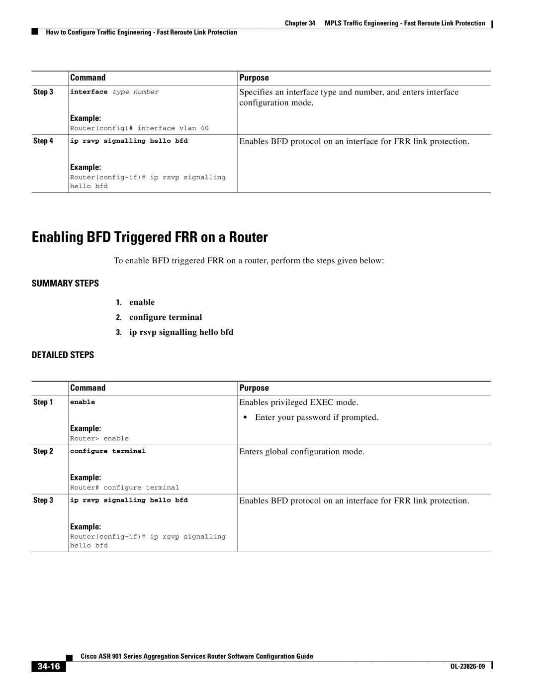 Cisco Systems A9014CFD manual Enabling BFD Triggered FRR on a Router, Configuration mode, 34-16 