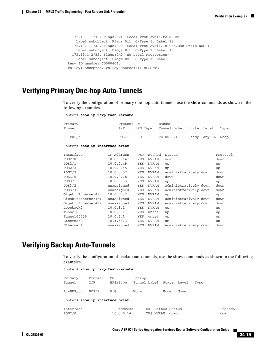 Cisco Systems A9014CFD manual Verifying Primary One-hop Auto-Tunnels, Verifying Backup Auto-Tunnels, 34-19 