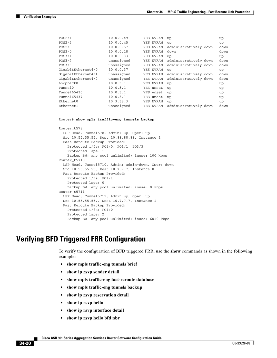 Cisco Systems A9014CFD manual Verifying BFD Triggered FRR Configuration, 34-20 