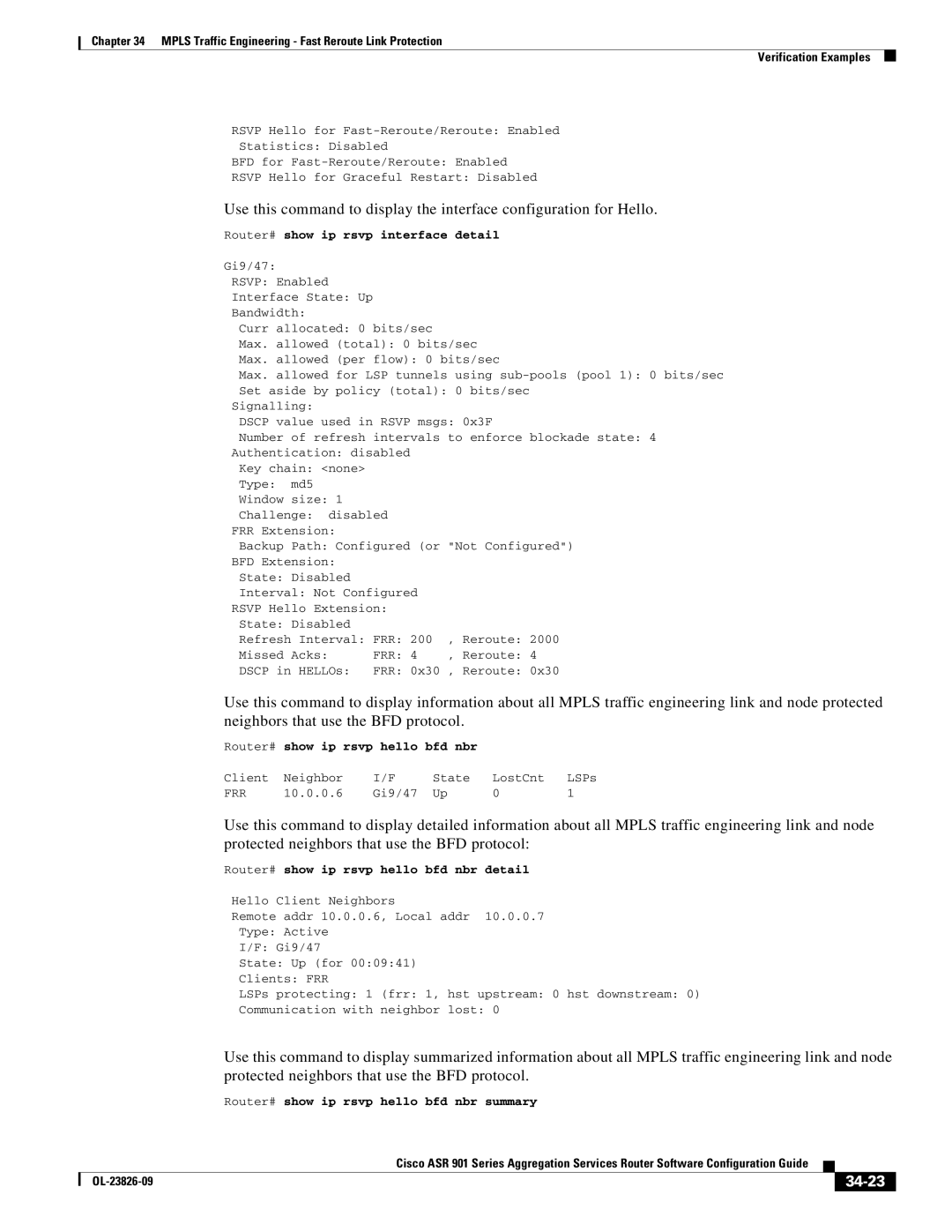 Cisco Systems A9014CFD manual 34-23, Router# show ip rsvp interface detail, Router# show ip rsvp hello bfd nbr 