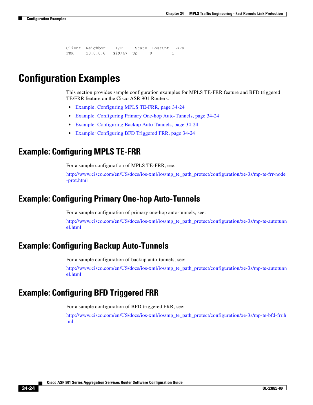 Cisco Systems A9014CFD manual Example Configuring Mpls TE-FRR, Example Configuring Primary One-hop Auto-Tunnels, 34-24 