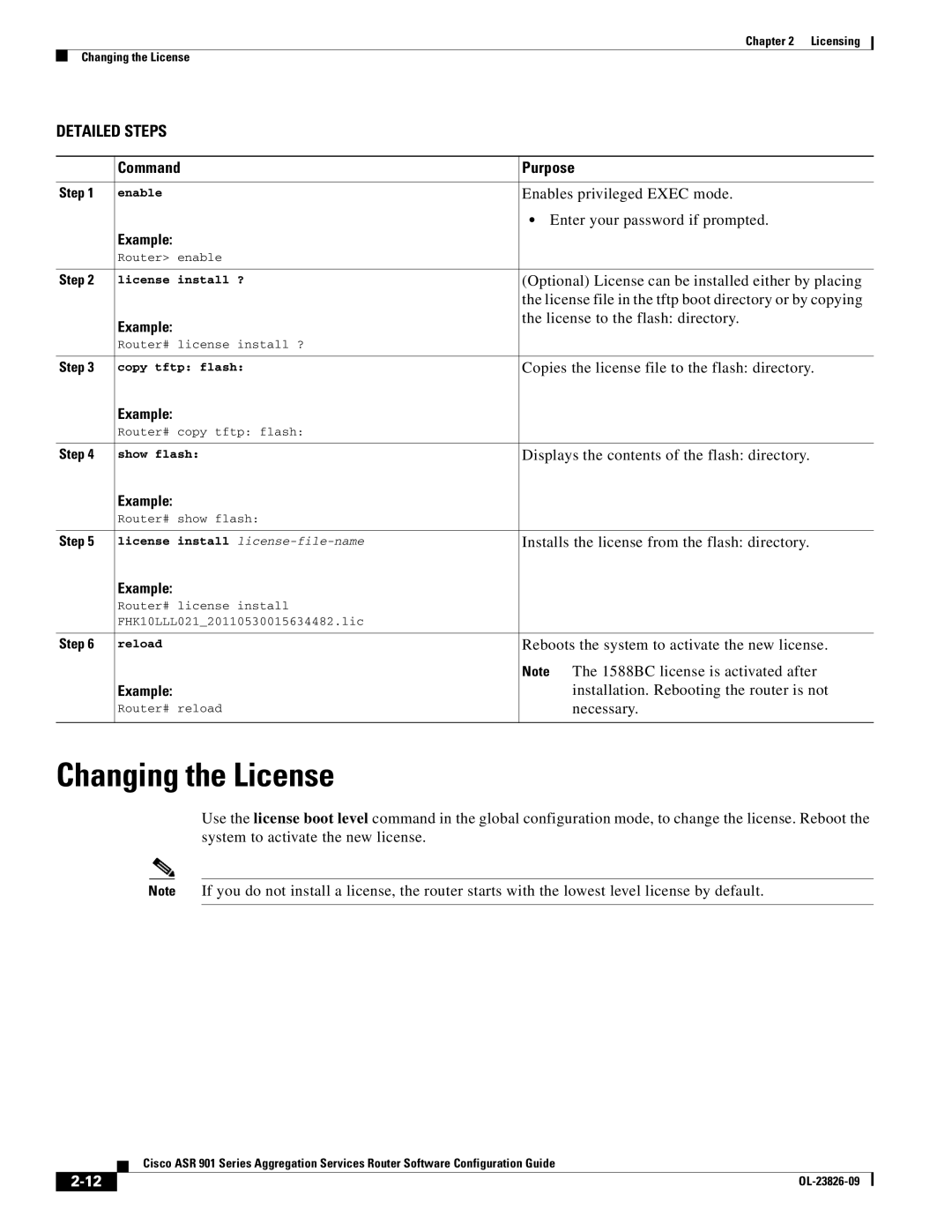 Cisco Systems A9014CFD manual Changing the License, Command Purpose, Example 