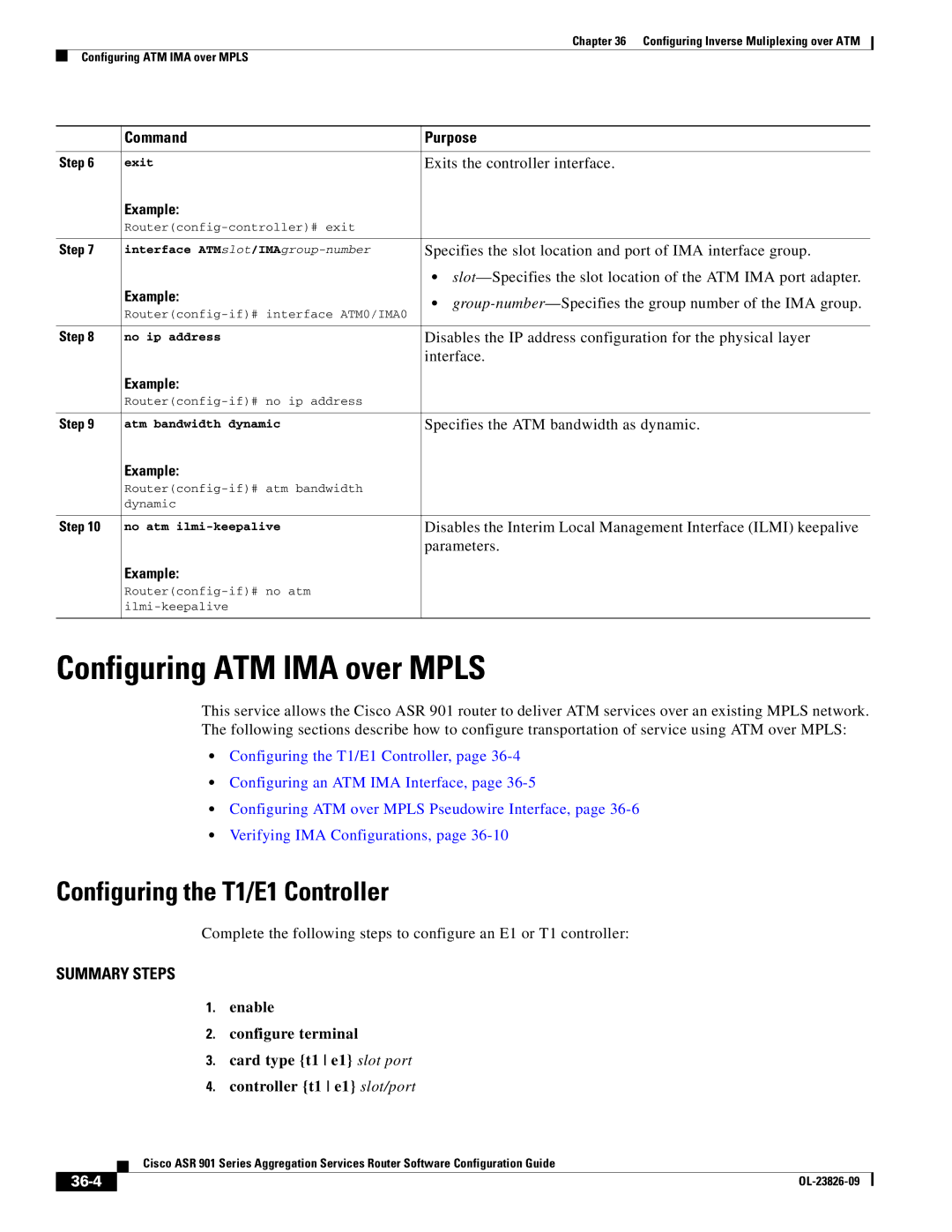 Cisco Systems A9014CFD manual Configuring ATM IMA over Mpls, Configuring the T1/E1 Controller, 36-4 