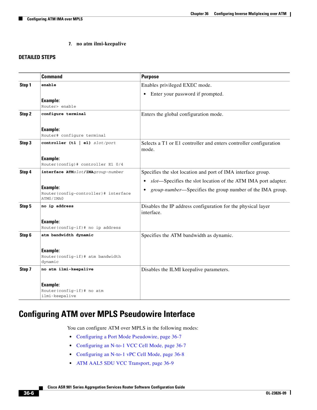 Cisco Systems A9014CFD manual Configuring ATM over Mpls Pseudowire Interface, Disables the Ilmi keepalive parameters, 36-6 