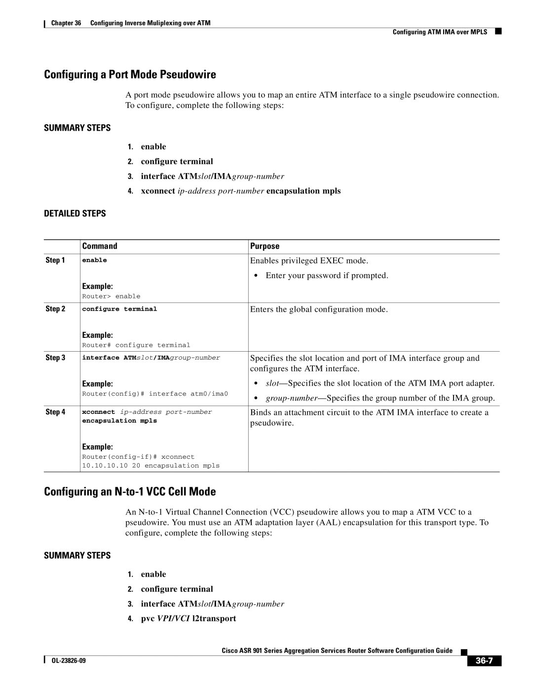 Cisco Systems A9014CFD manual Configuring a Port Mode Pseudowire, Configuring an N-to-1 VCC Cell Mode, 36-7 