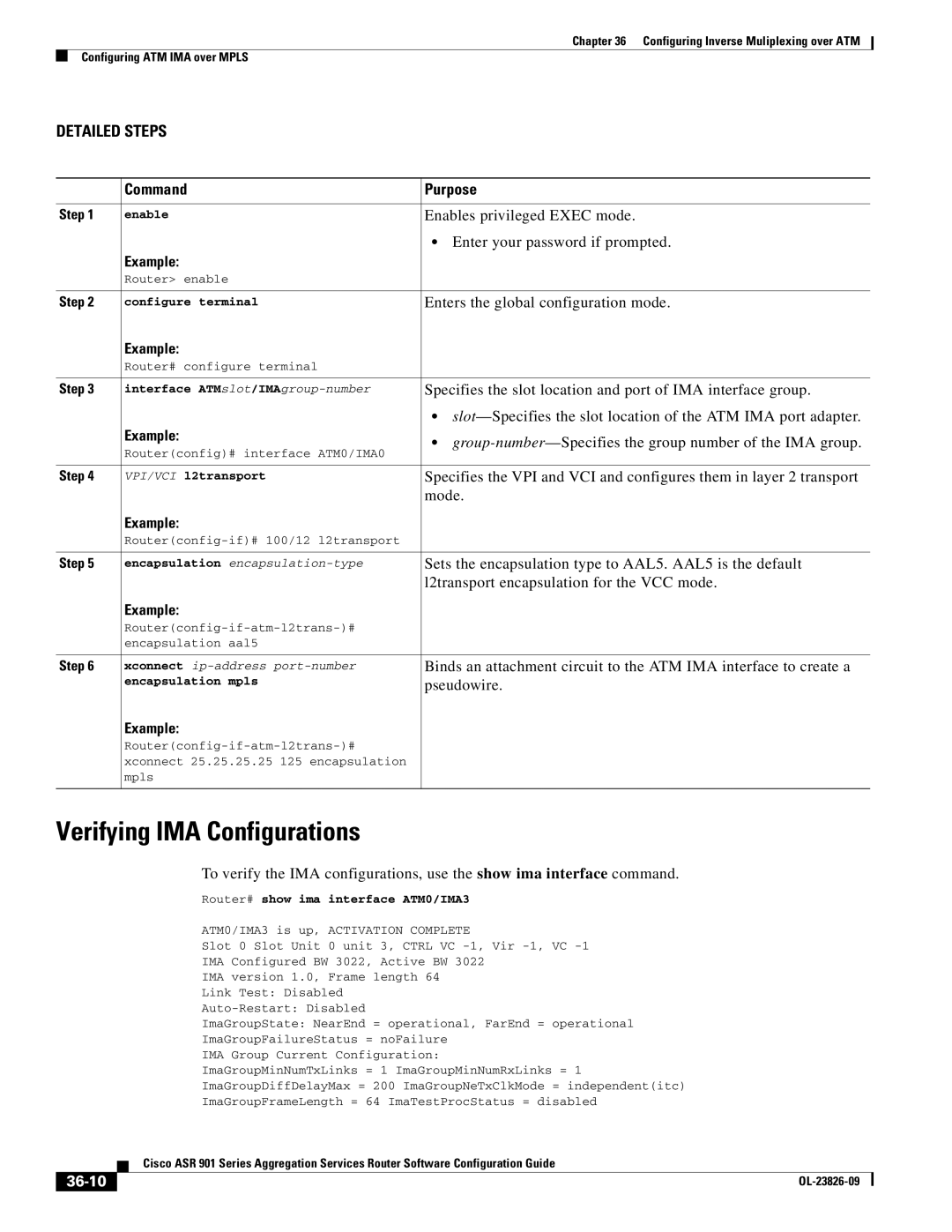 Cisco Systems A9014CFD manual Verifying IMA Configurations, Sets the encapsulation type to AAL5. AAL5 is the default, 36-10 