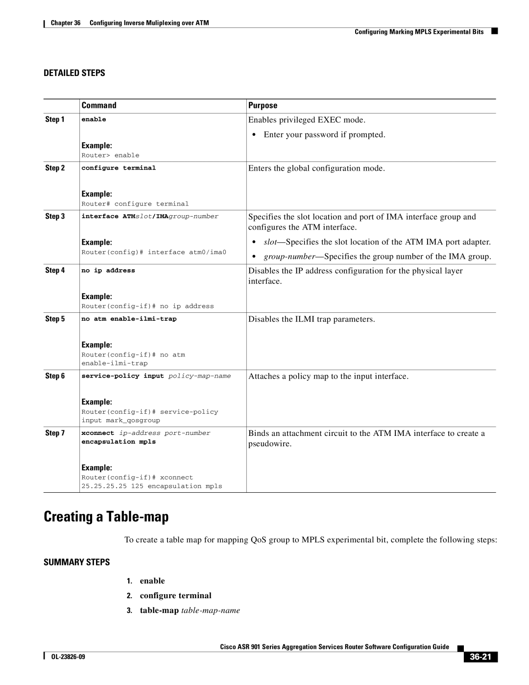 Cisco Systems A9014CFD manual Creating a Table-map, Table-maptable-map-name, 36-21, Interface ATM slot/IMA group-number 