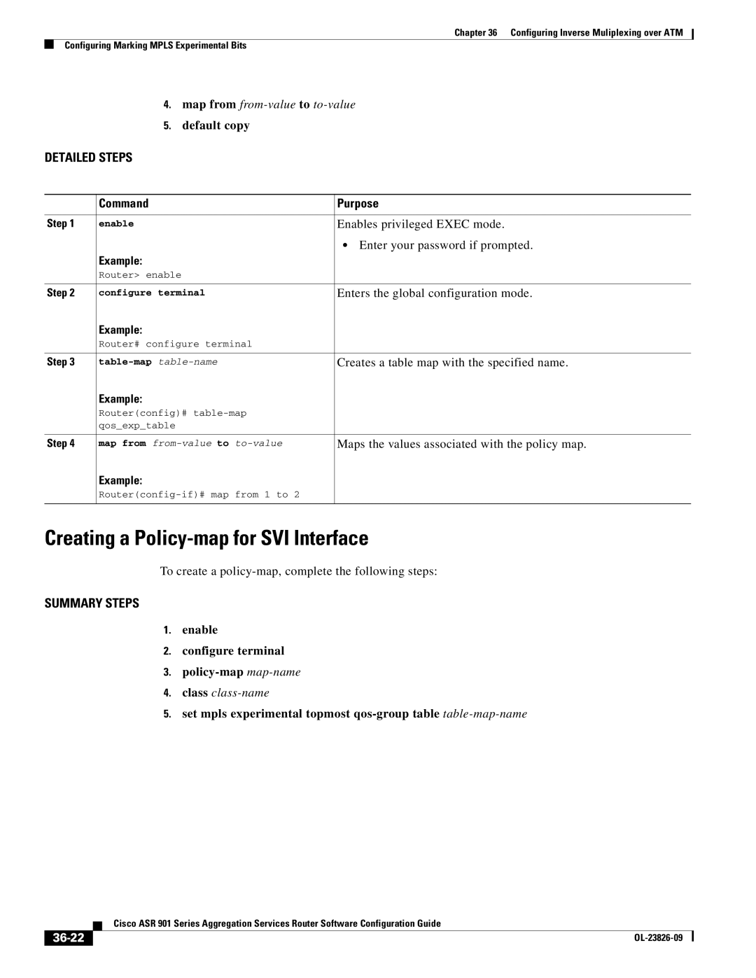 Cisco Systems A9014CFD manual Creating a Policy-map for SVI Interface, Map from from-value to to-value, Default copy, 36-22 