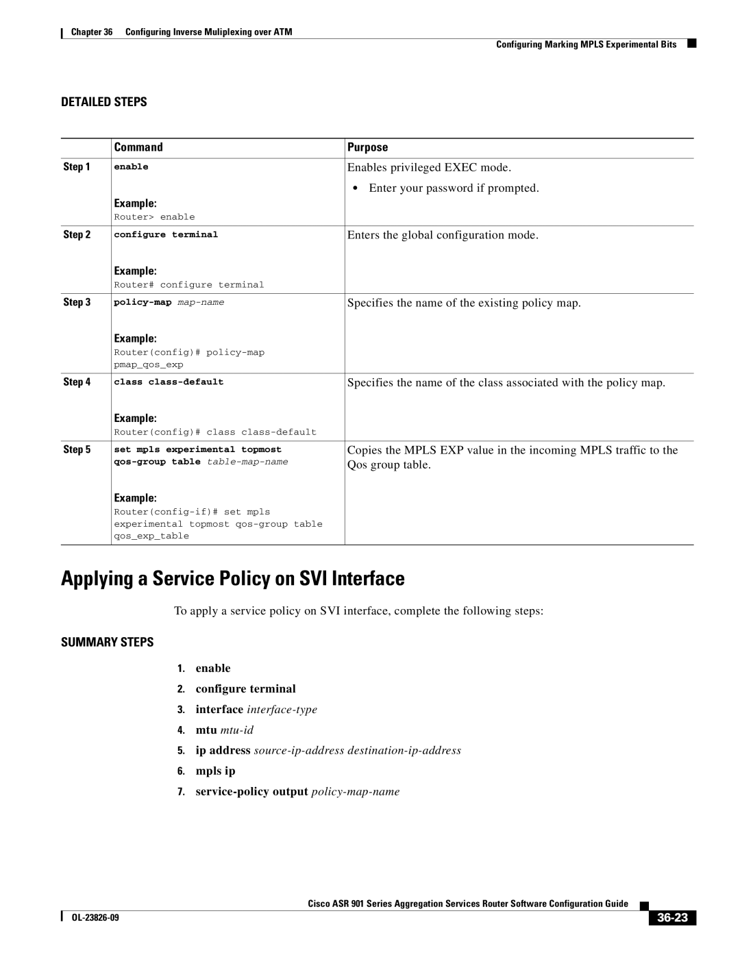 Cisco Systems A9014CFD Applying a Service Policy on SVI Interface, Mpls ip Service-policy output policy-map-name, 36-23 