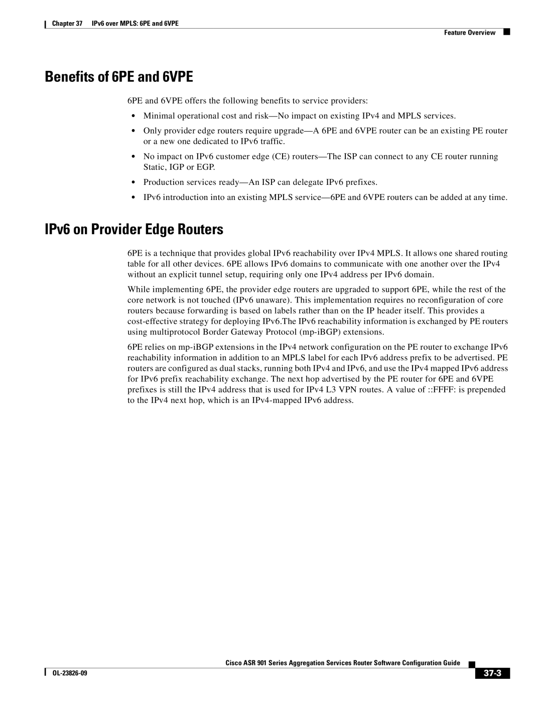 Cisco Systems A9014CFD manual Benefits of 6PE and 6VPE, IPv6 on Provider Edge Routers, 37-3 
