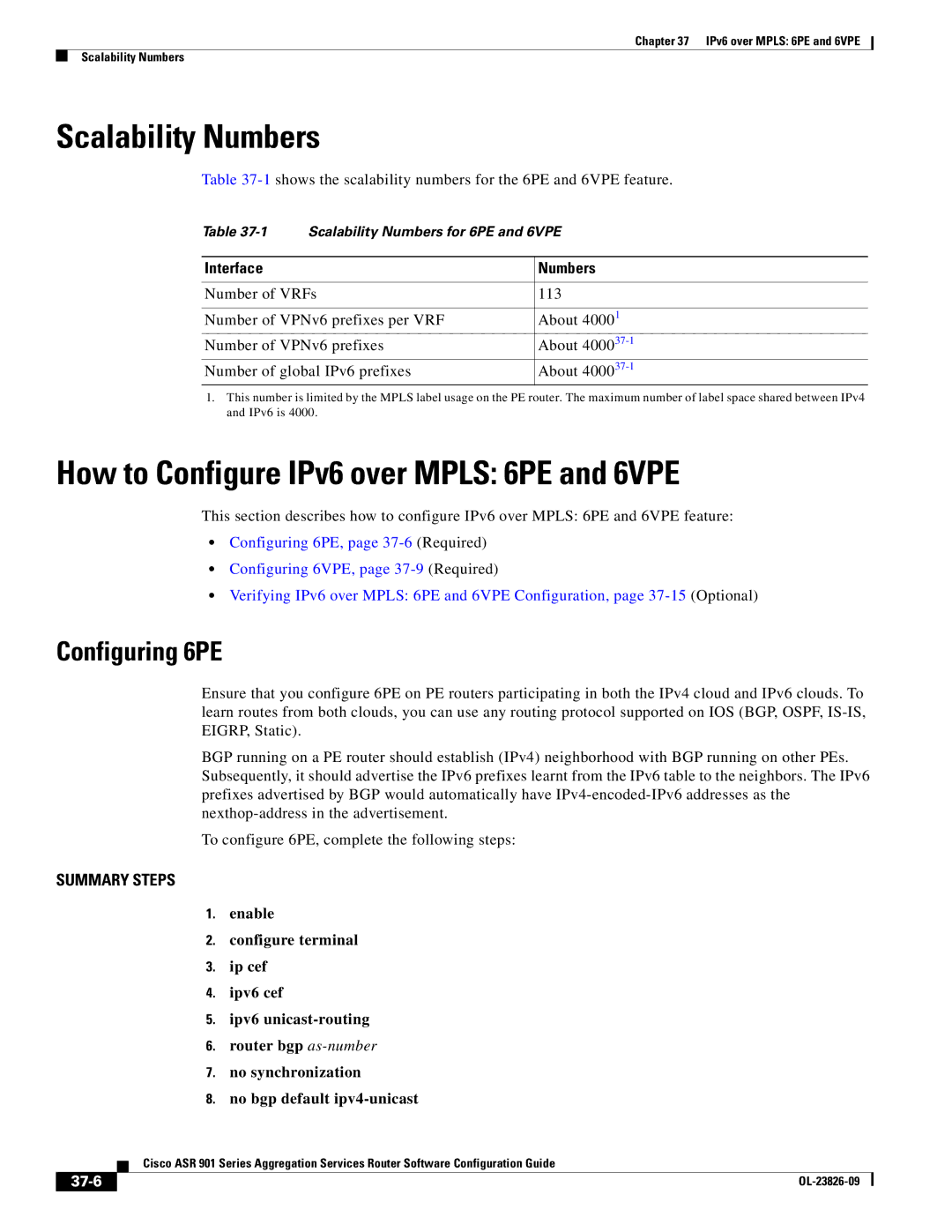 Cisco Systems A9014CFD manual Scalability Numbers, How to Configure IPv6 over Mpls 6PE and 6VPE, Configuring 6PE, 37-6 