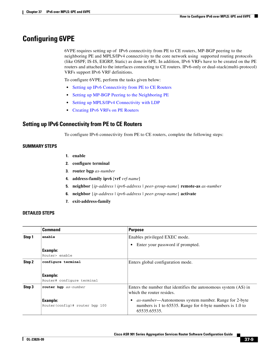 Cisco Systems A9014CFD manual Configuring 6VPE, Setting up IPv6 Connectivity from PE to CE Routers, 37-9 