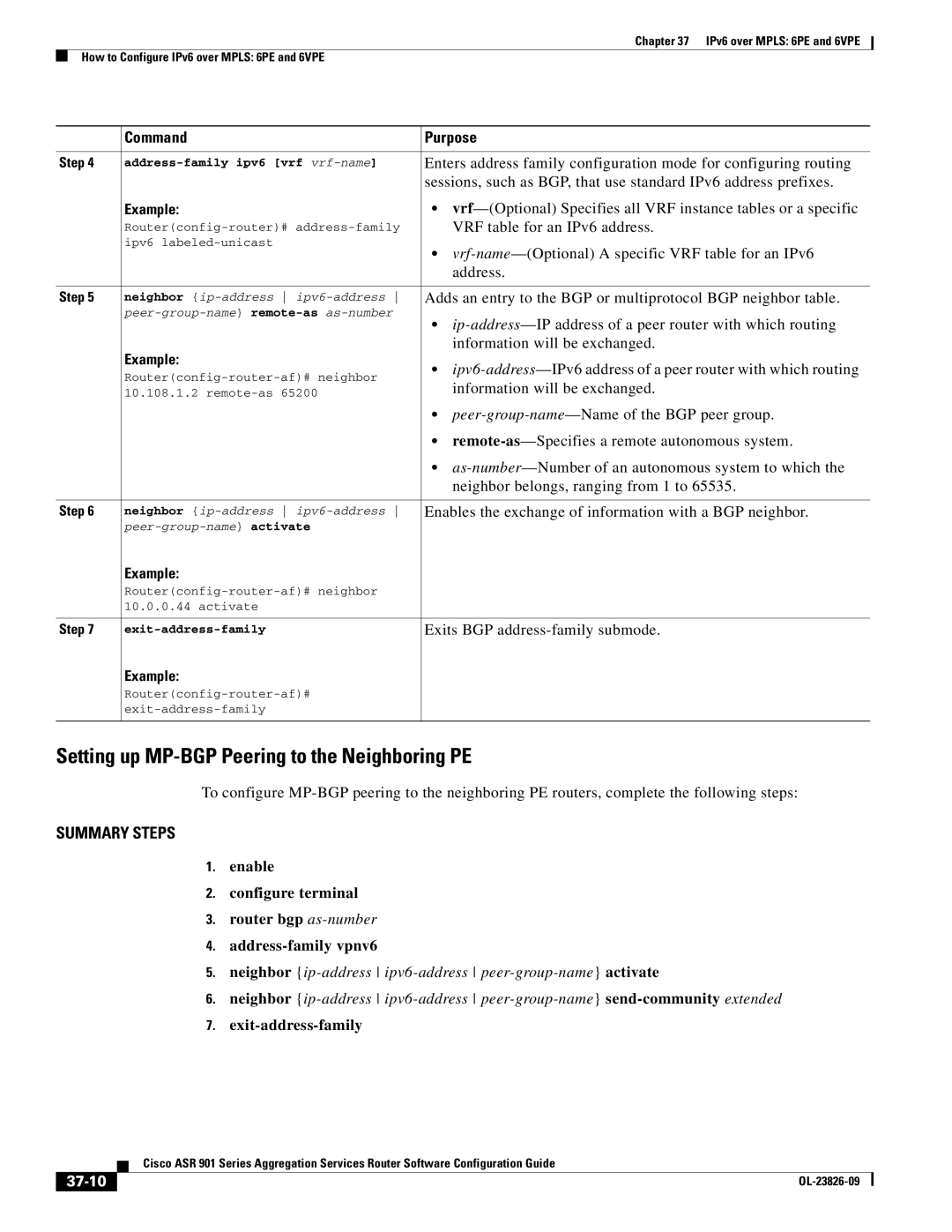 Cisco Systems A9014CFD manual Setting up MP-BGP Peering to the Neighboring PE, VRF table for an IPv6 address, 37-10 