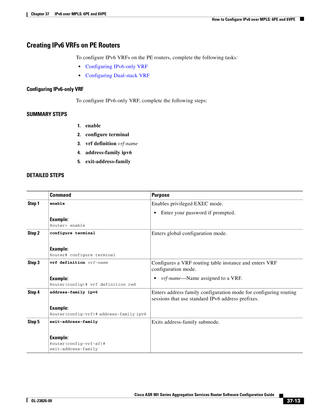 Cisco Systems A9014CFD manual Creating IPv6 VRFs on PE Routers, 37-13 