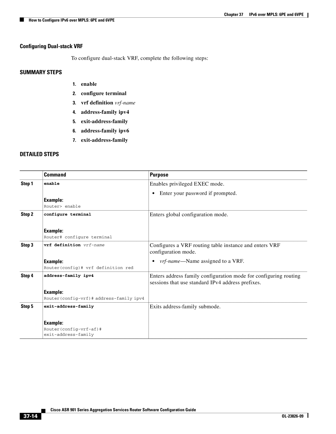 Cisco Systems A9014CFD manual To configure dual-stack VRF, complete the following steps, 37-14, Address-family ipv4 