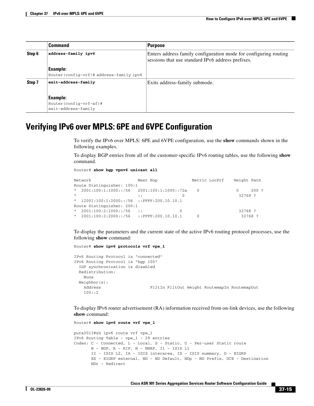 Cisco Systems A9014CFD Verifying IPv6 over Mpls 6PE and 6VPE Configuration, 37-15, Router# show bgp vpnv6 unicast all 