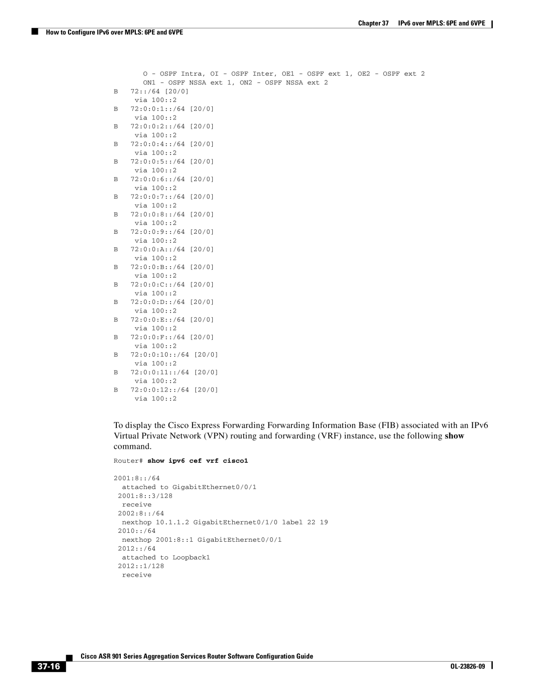 Cisco Systems A9014CFD manual 37-16, Router# show ipv6 cef vrf cisco1 