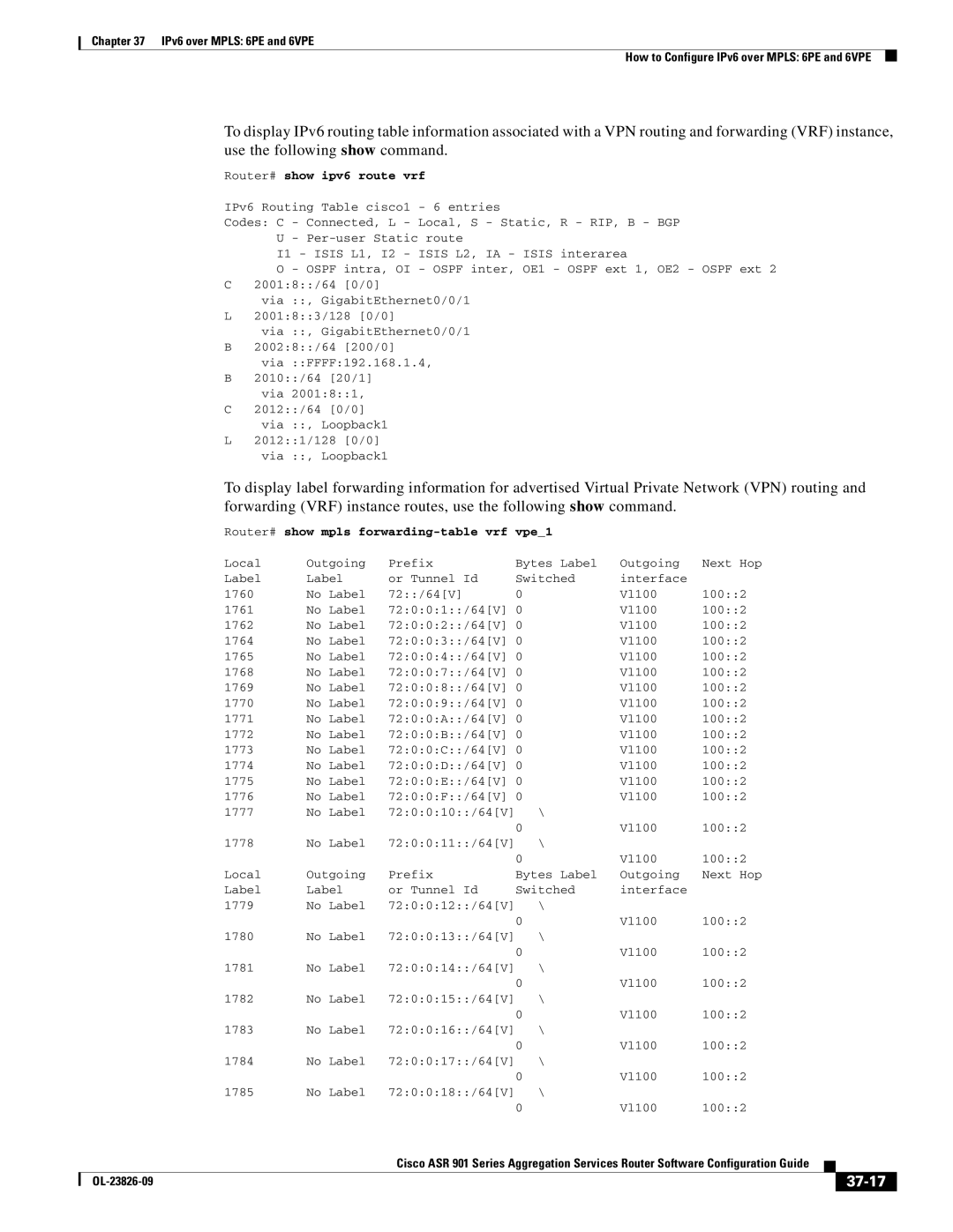 Cisco Systems A9014CFD manual 37-17, Router# show ipv6 route vrf, Router# show mpls forwarding-table vrf vpe1 