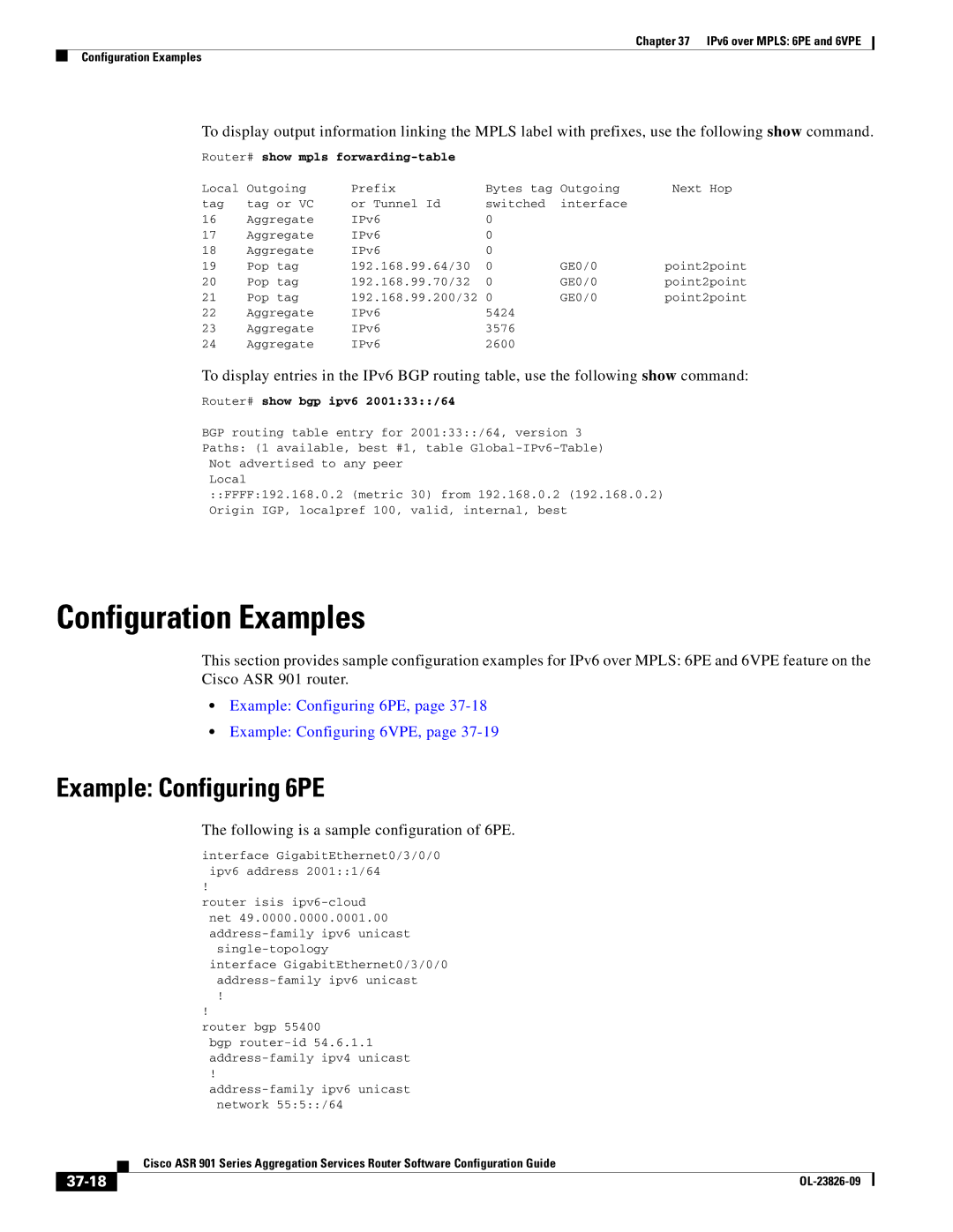 Cisco Systems A9014CFD manual Example Configuring 6PE, Following is a sample configuration of 6PE, 37-18 