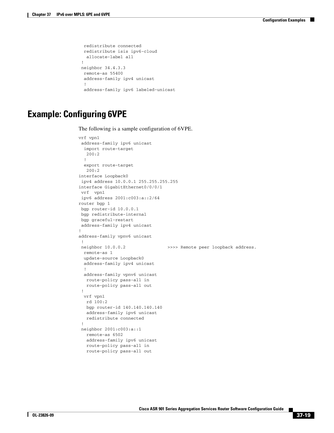 Cisco Systems A9014CFD manual Example Configuring 6VPE, Following is a sample configuration of 6VPE, 37-19 