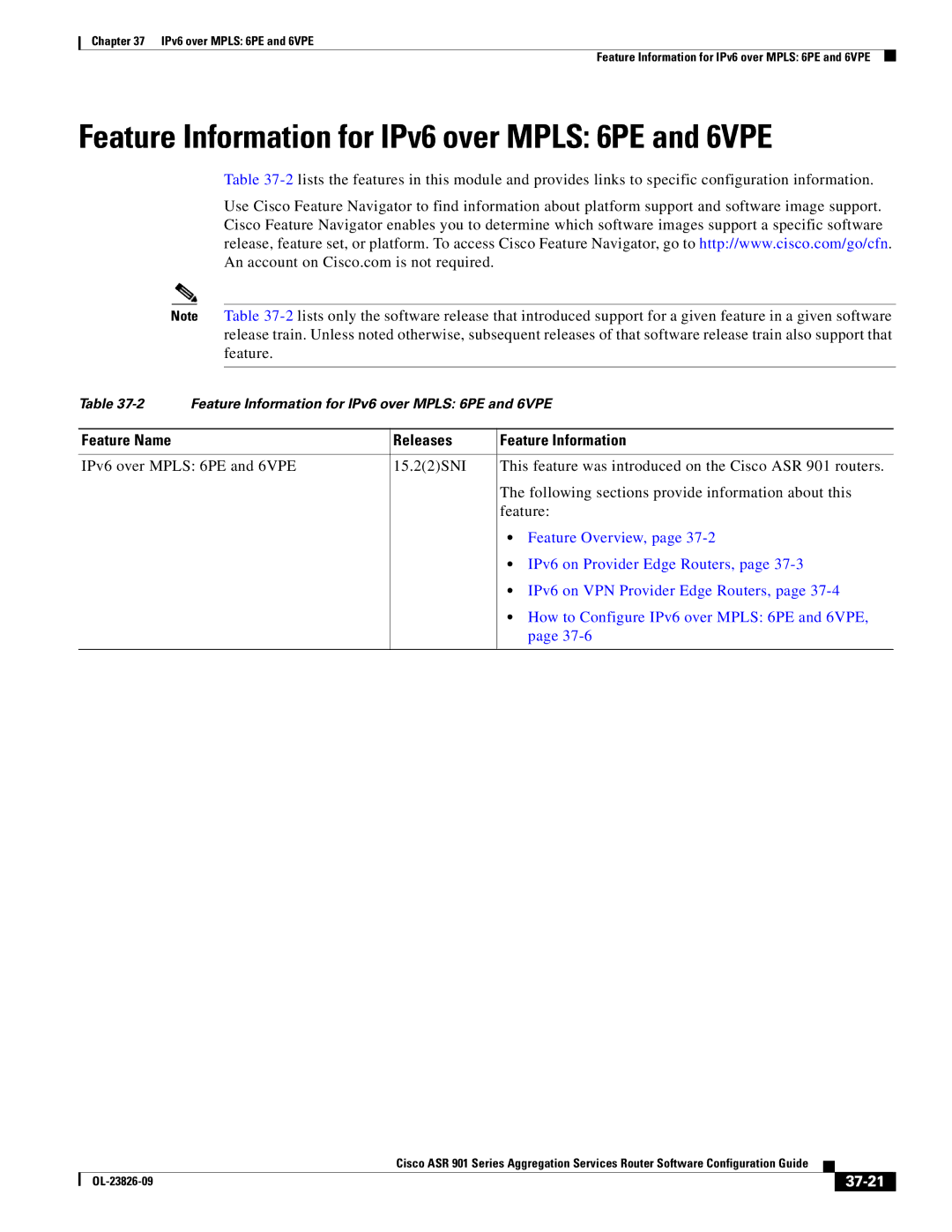 Cisco Systems A9014CFD manual Feature Information for IPv6 over Mpls 6PE and 6VPE, 37-21 