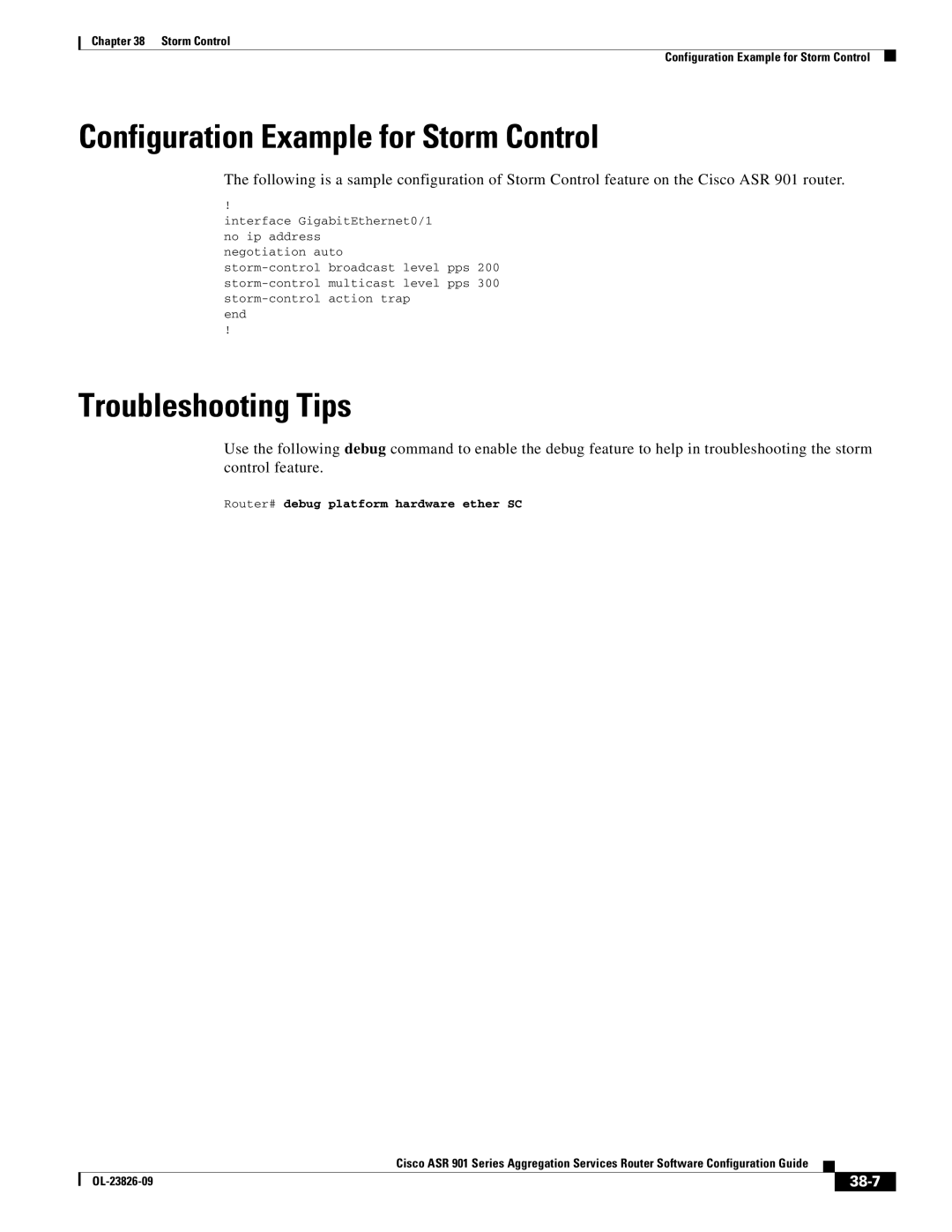 Cisco Systems A9014CFD manual Configuration Example for Storm Control, 38-7, Router# debug platform hardware ether SC 