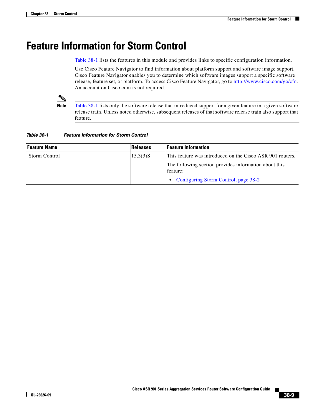 Cisco Systems A9014CFD manual Feature Information for Storm Control, 38-9 