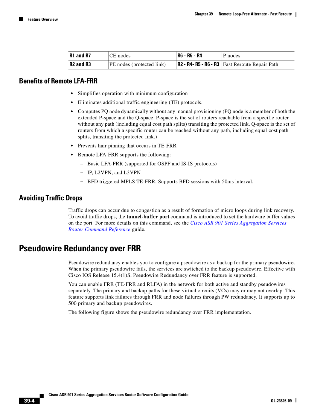 Cisco Systems A9014CFD manual Pseudowire Redundancy over FRR, Benefits of Remote LFA-FRR, Avoiding Traffic Drops, 39-4 