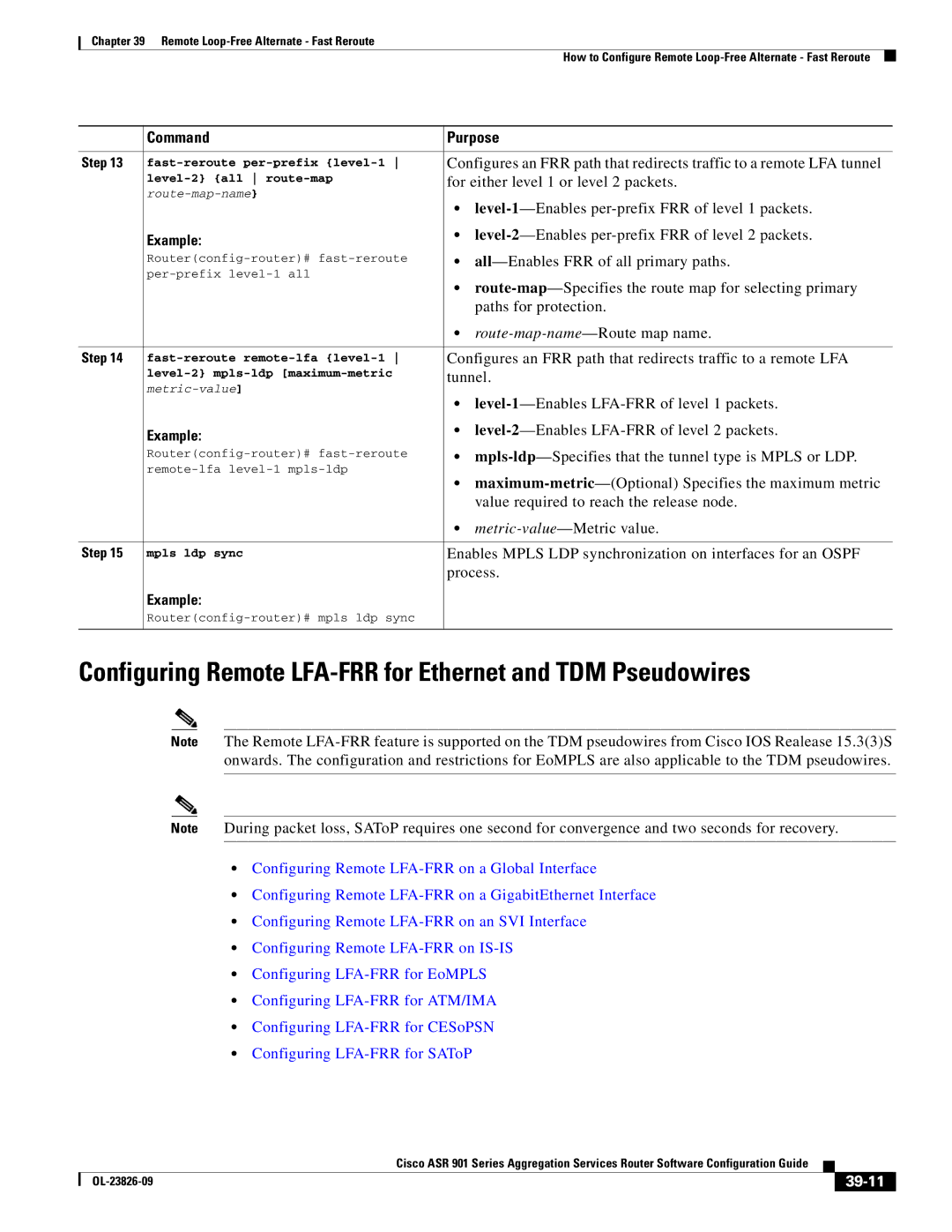 Cisco Systems A9014CFD manual Configuring Remote LFA-FRR for Ethernet and TDM Pseudowires, 39-11 