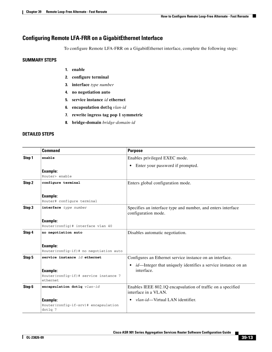 Cisco Systems A9014CFD manual Configuring Remote LFA-FRR on a GigabitEthernet Interface, 39-13 