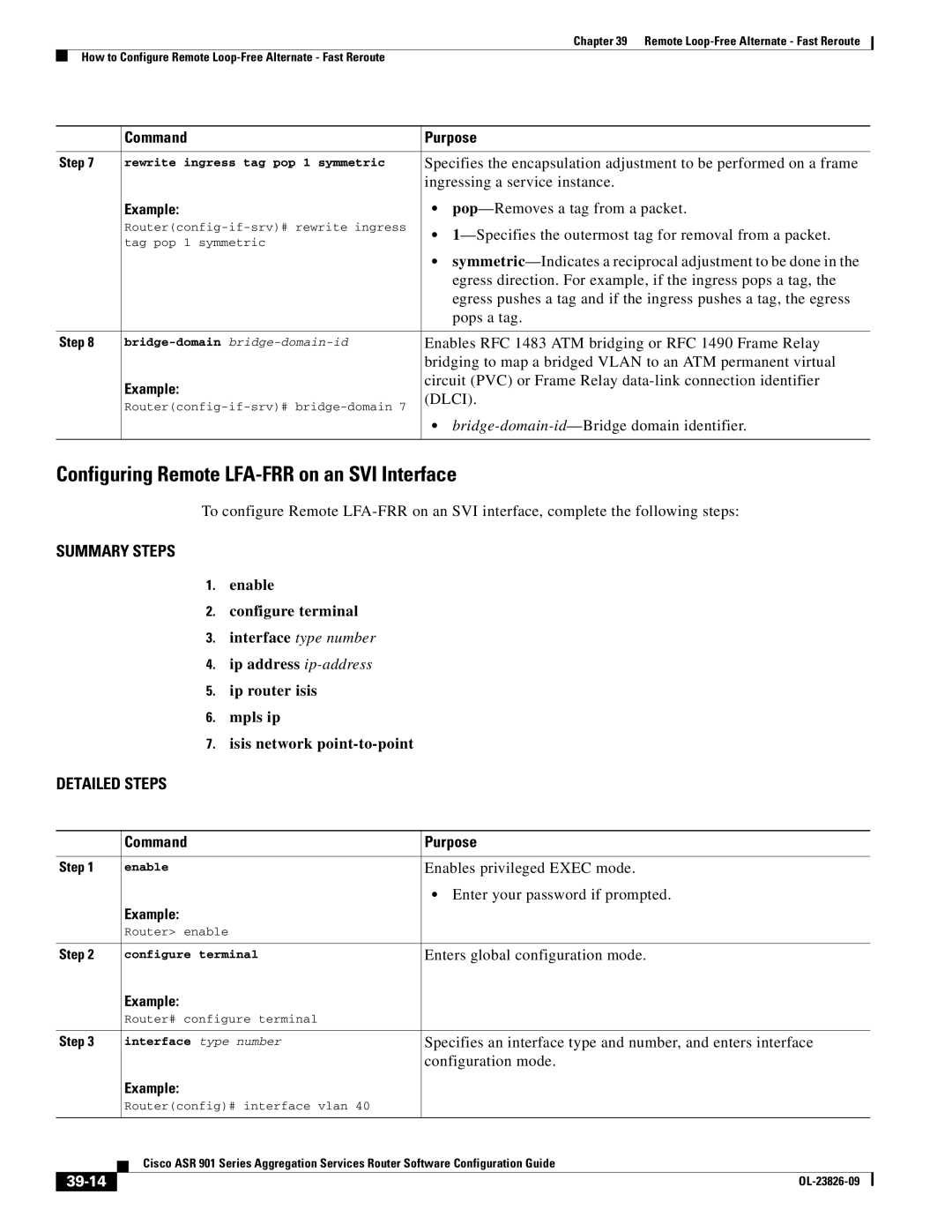 Cisco Systems A9014CFD manual Configuring Remote LFA-FRR on an SVI Interface, 39-14 