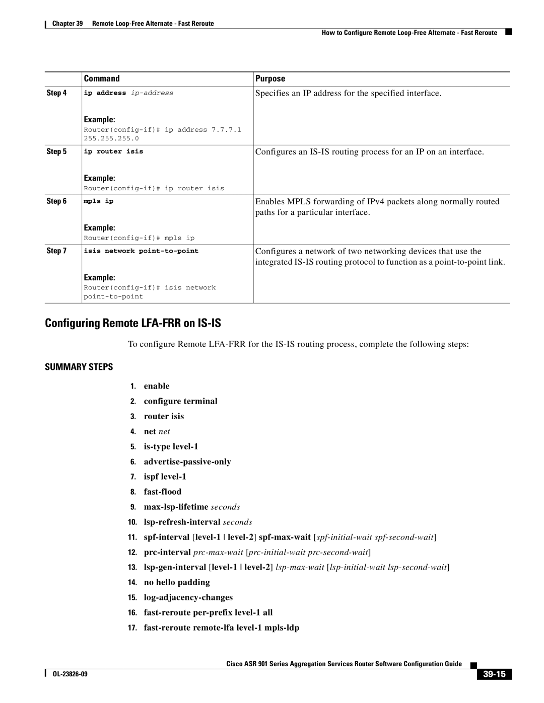 Cisco Systems A9014CFD manual Configuring Remote LFA-FRR on IS-IS, 39-15 