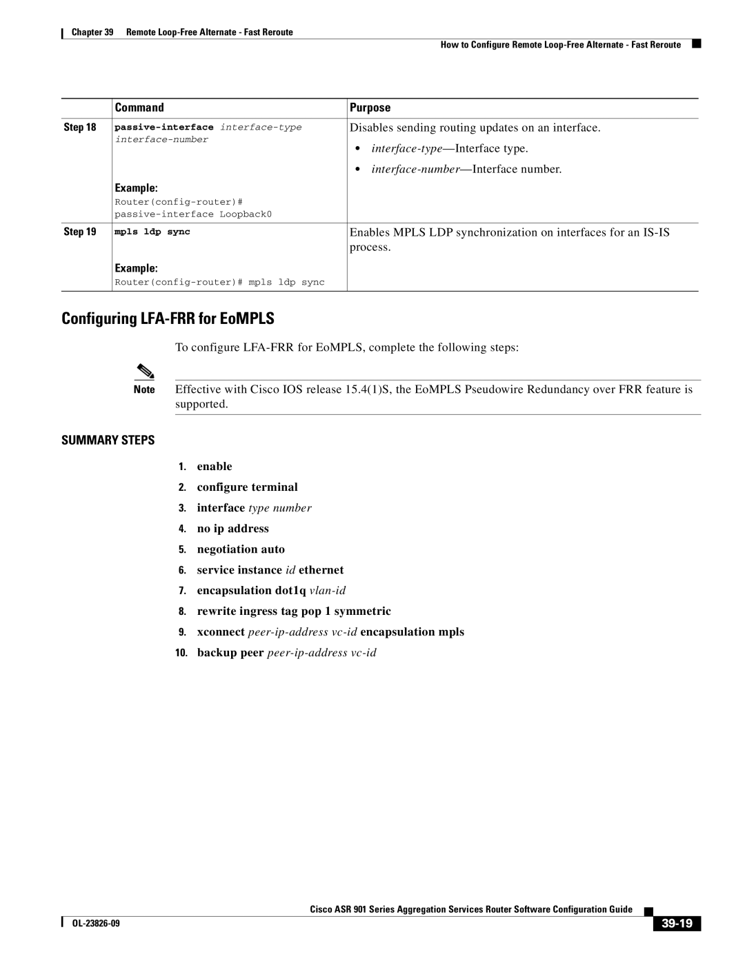 Cisco Systems A9014CFD manual Configuring LFA-FRR for EoMPLS, Disables sending routing updates on an interface, 39-19 