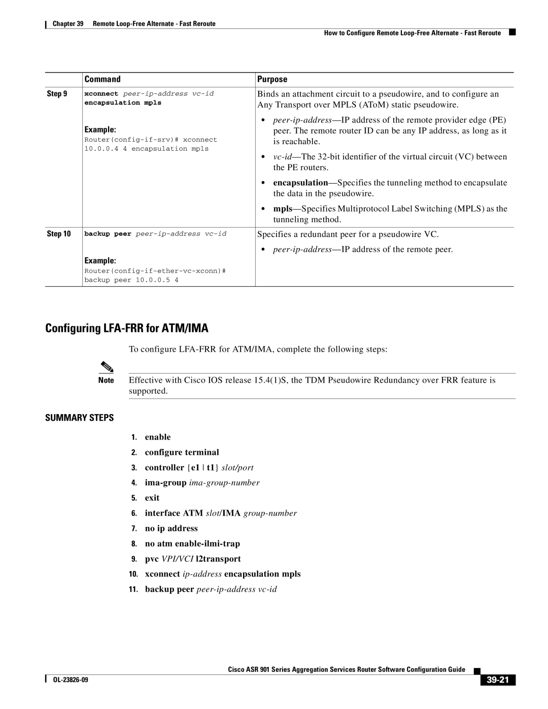 Cisco Systems A9014CFD manual Configuring LFA-FRR for ATM/IMA, 39-21 