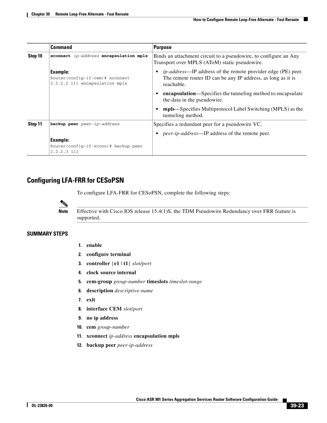 Cisco Systems A9014CFD manual Configuring LFA-FRR for CESoPSN, Exit Interface CEM slot/port No ip address, 39-23 